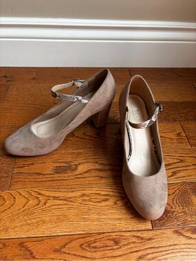 Suede Block Heel Pumps in Taupe with Snake-Print Strap